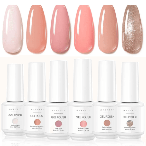 6-Color Glitter Pink & Brown Gel Polish Set (8ml)